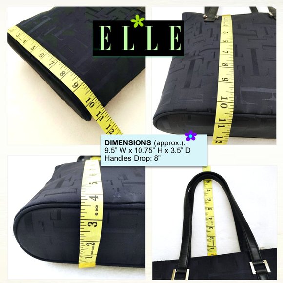 ELLE Paris Blue Nylon Tote Shoulder Bag Black Leather Handle Front Pocket ZipTop - Picture 10 of 10